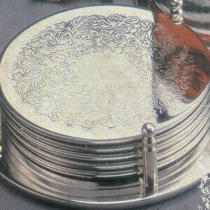 7 Piece SilverPlated Engraved Embossed Coaster Set of 6 w/ Holder Vtg Centurion